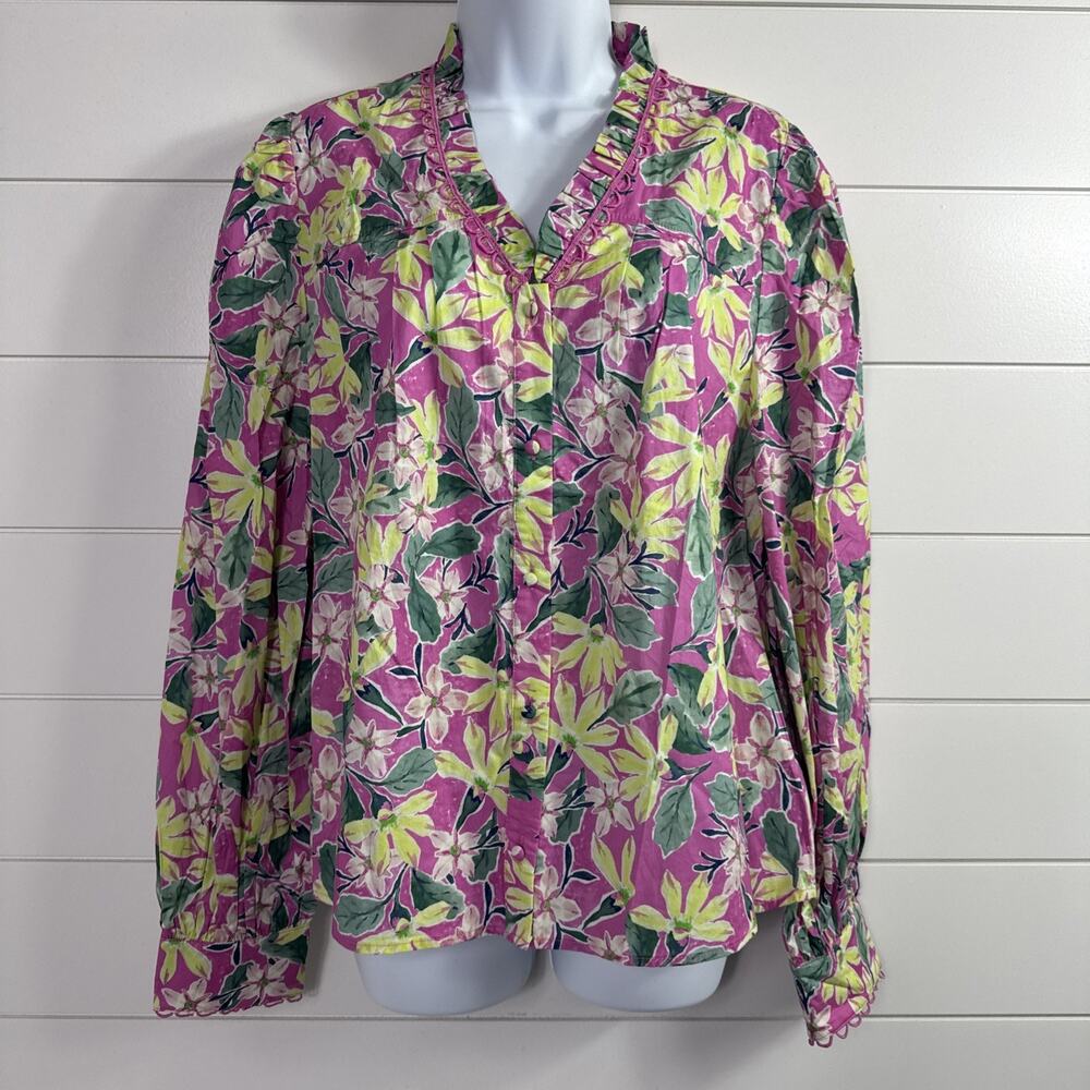 AVARA Floral Blouse Button Front Long Sleeve Purple sz L